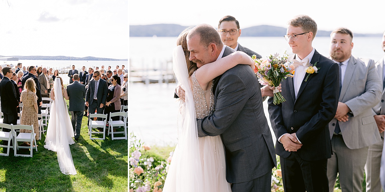 A bride being escorted down a grassy aisle by her father and sharing a hug as he gives her away.