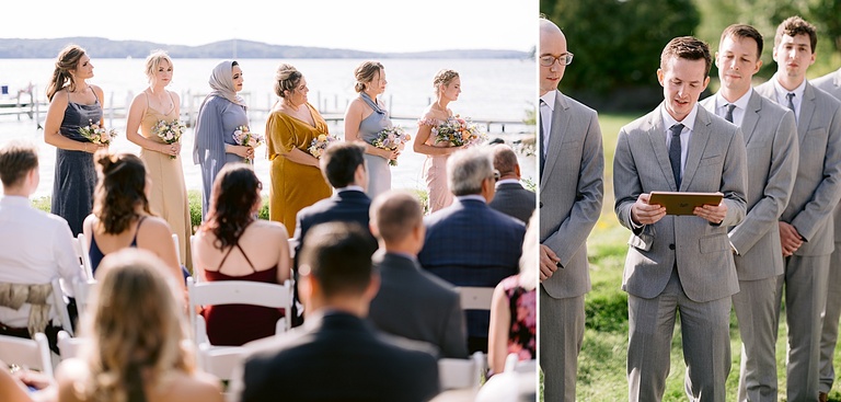 A sunny shot of the bridesmaids watching intently at the ceremony while a groomsmen speaks while reading.
