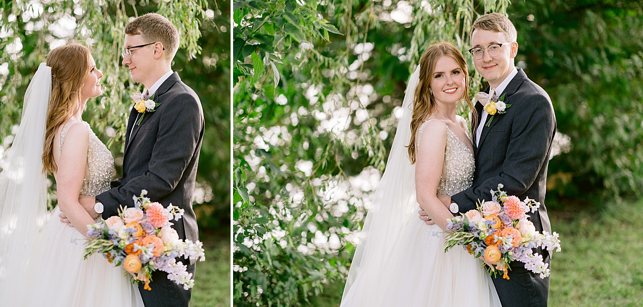 A bride and groom exchanging a loving smile under a tree and a portrait of a bride and groom smiling.