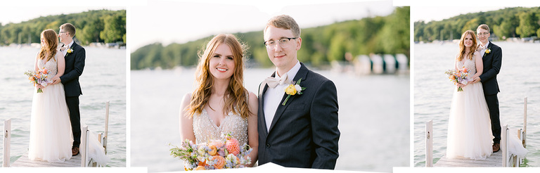 Portraits of a bride and groom on a sunny dock on Walloon Lake with trees in the background.