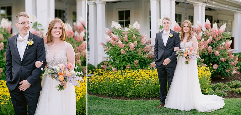 Portraits of a bride and groom standing in front of Hotel Walloon with hydrangeas in bloom.