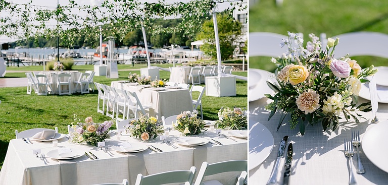 Sunny shot of outdoor reception on a lake and a closeup of a floral arrangement.