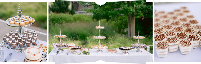 A photograph of a dessert table with desserts attractively displayed and close up shots of cake stand and dessert cups.
