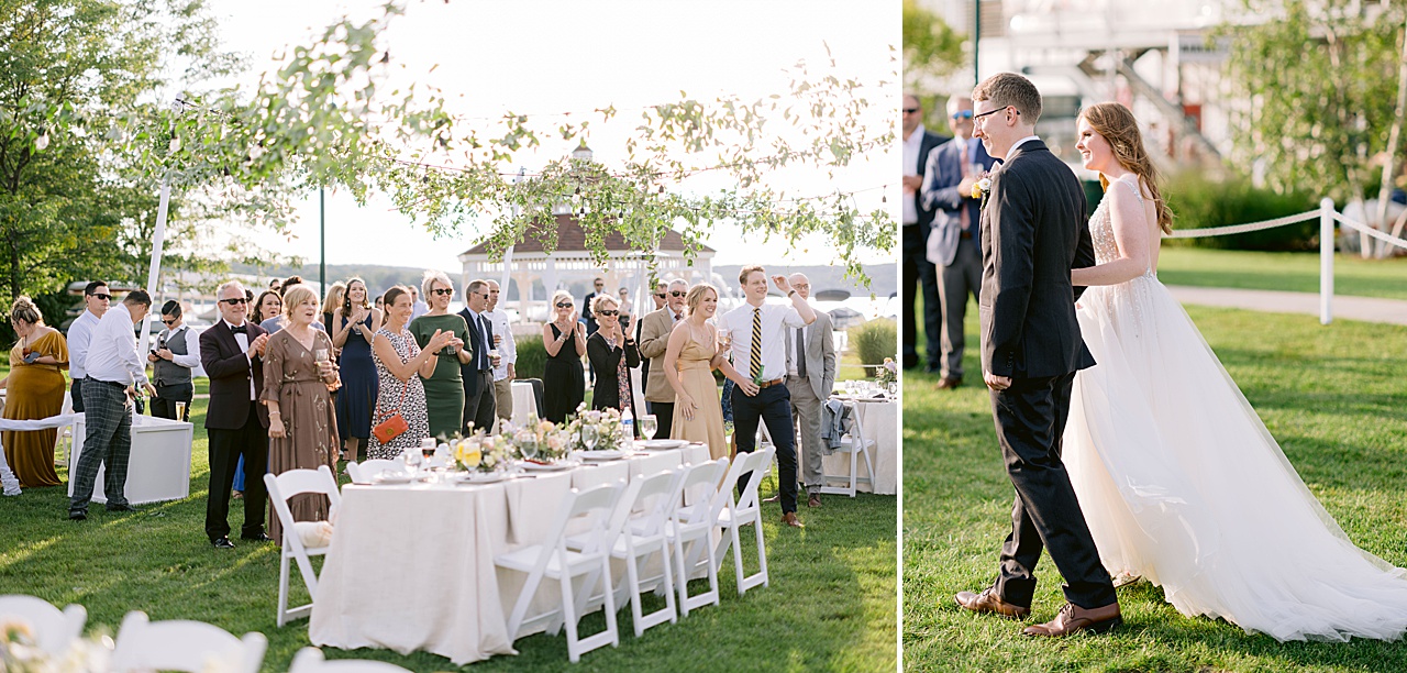 Reception guests welcoming a bride and groom with party lights and greenery overhead.