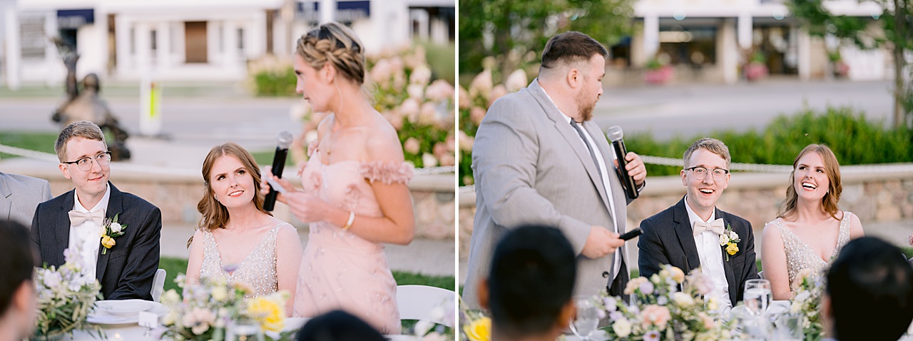 Happy photographs at an outdoor reception of the best man and maid of honor speeches.