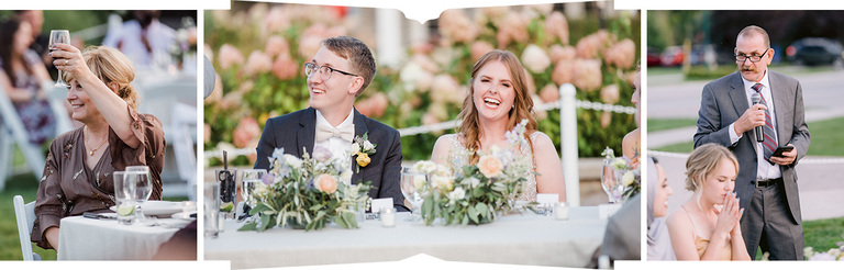 Three photographs featuring a bride and groom laughing at the head table, a father giving a speech, and a woman toasting.