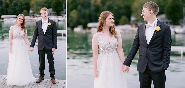 Portraits of a bride and groom on a dock on Walloon Lake, Michigan.