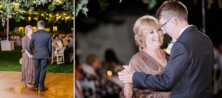 A groom and his mother at an outdoor reception in Michigan dancing under party lights and greenery.