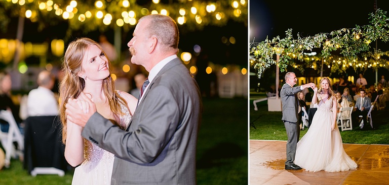 A bride and her father dancing at an outdoor reception in Michigan under party lights.