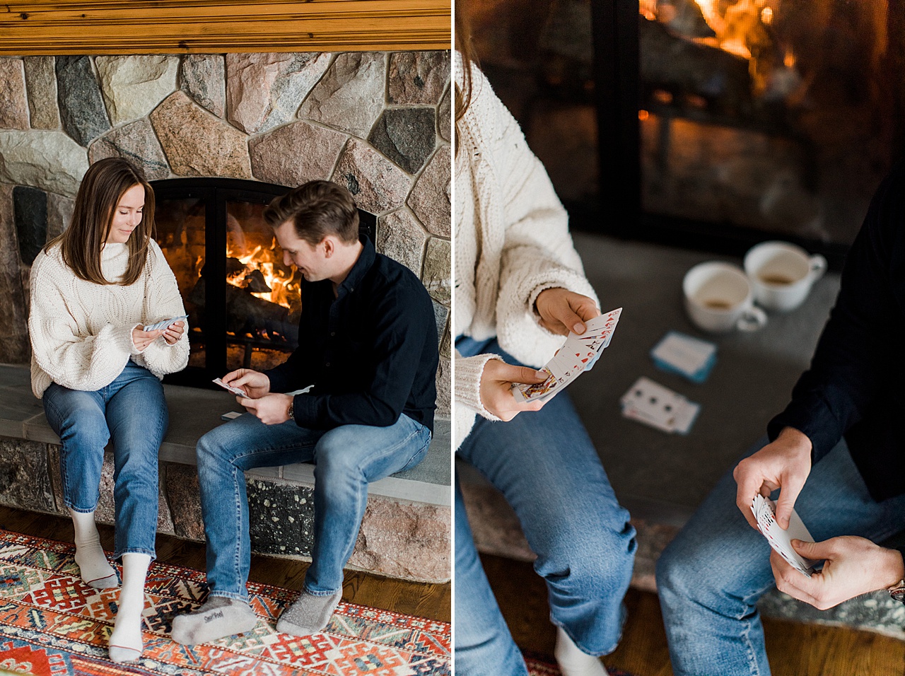 An engaged couple playing cards by a warm fire inside during the winter