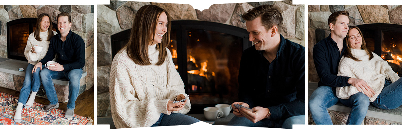 A couple laughing while playing cards in Mullett Lake Village Michigan