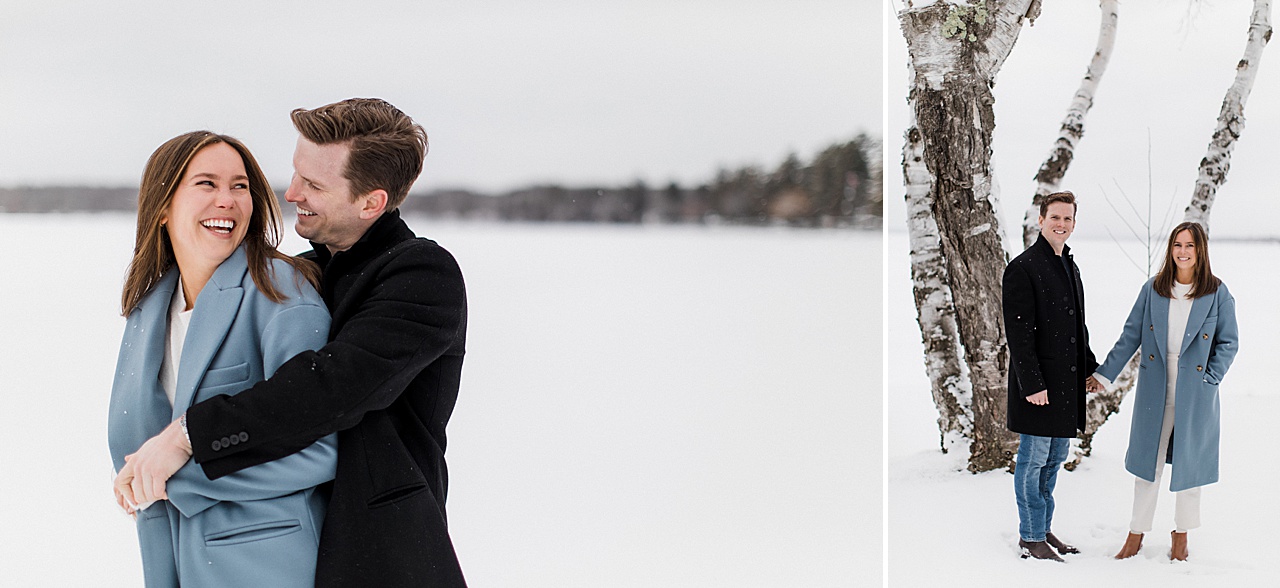 An engaged couple taking portraits in the winter in Michigan