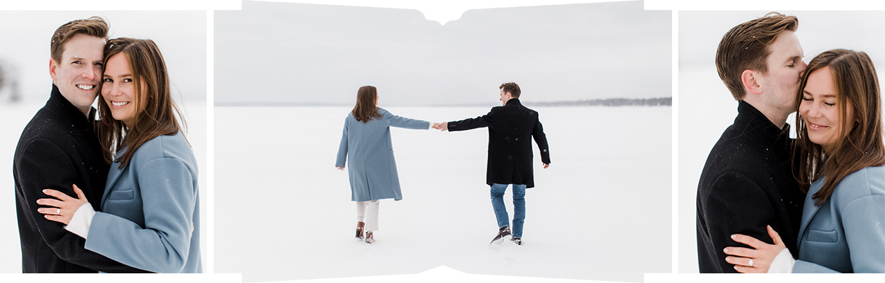 An engaged couple snuggling outside in the winter in Michigan on a frozen lake