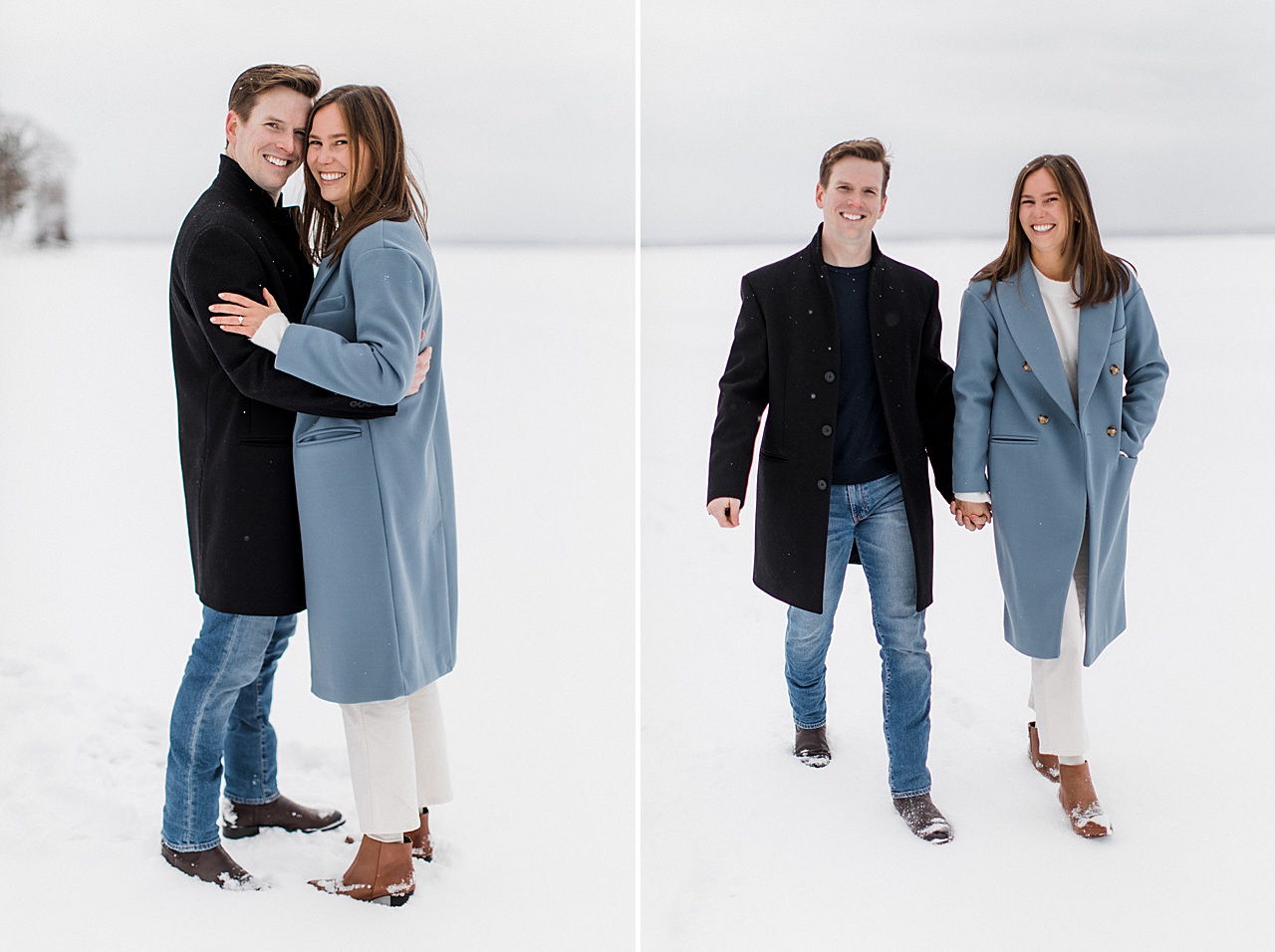An engaged couple smiling at the camera outside in the winter in Michigan