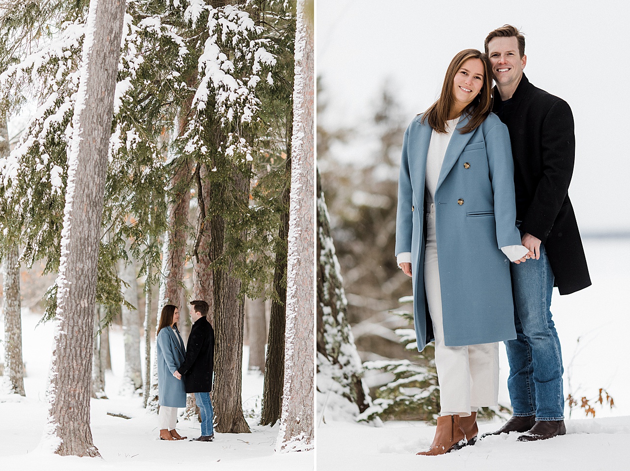 A couple under snowy covered trees in the woods of Northern Michigan