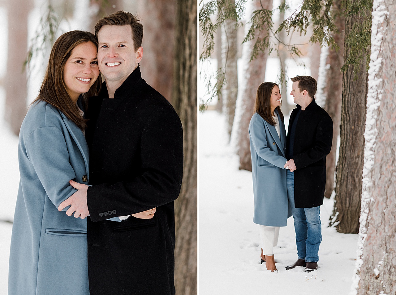 An engaged couple cuddling in the woods in the winter to keep warm