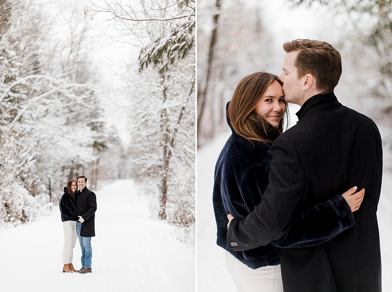 A couple on a snowy covered trail after a snowstorm taking portraits