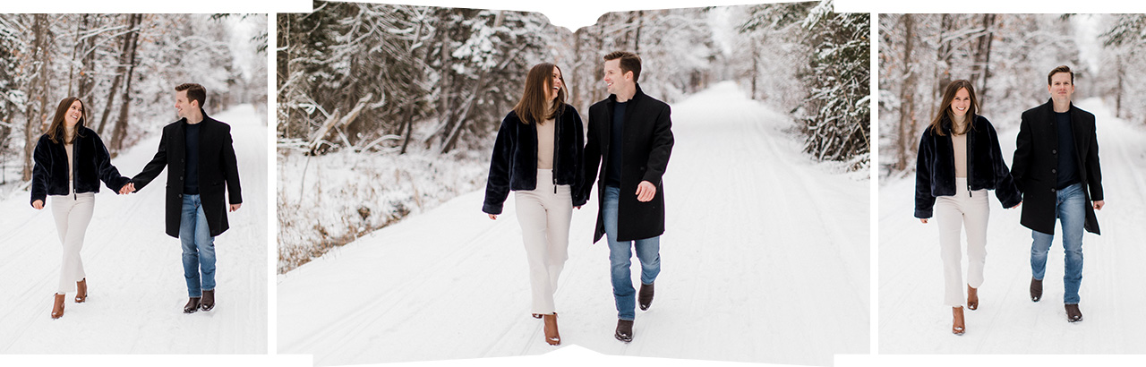 A couple walking hand in hand on a snowy train in the winter in Michigan