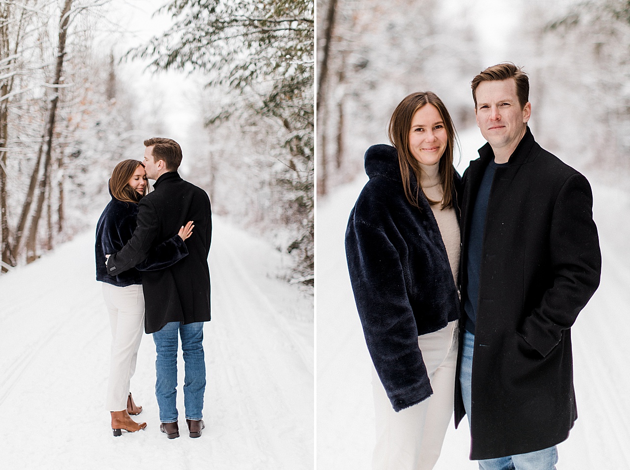 An engaged couple taking portraits during the winter