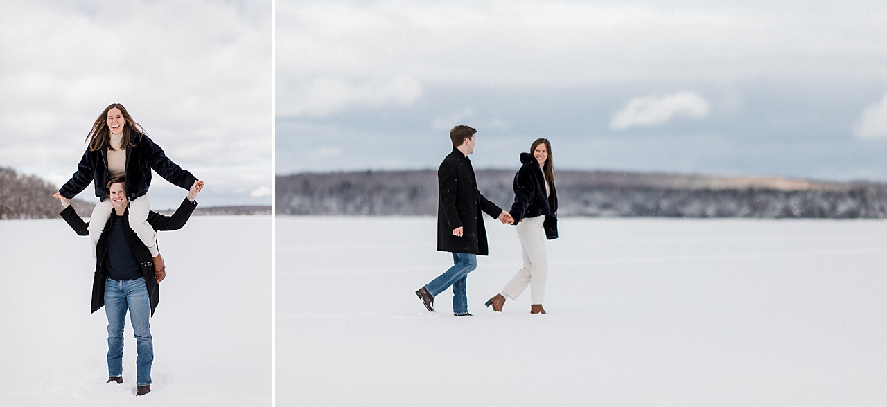 A couple taking portraits on frozen Mullett Lake in the winter