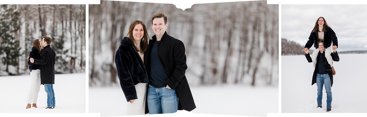 An engaged couple laughing and kissing at their engagement portrait session