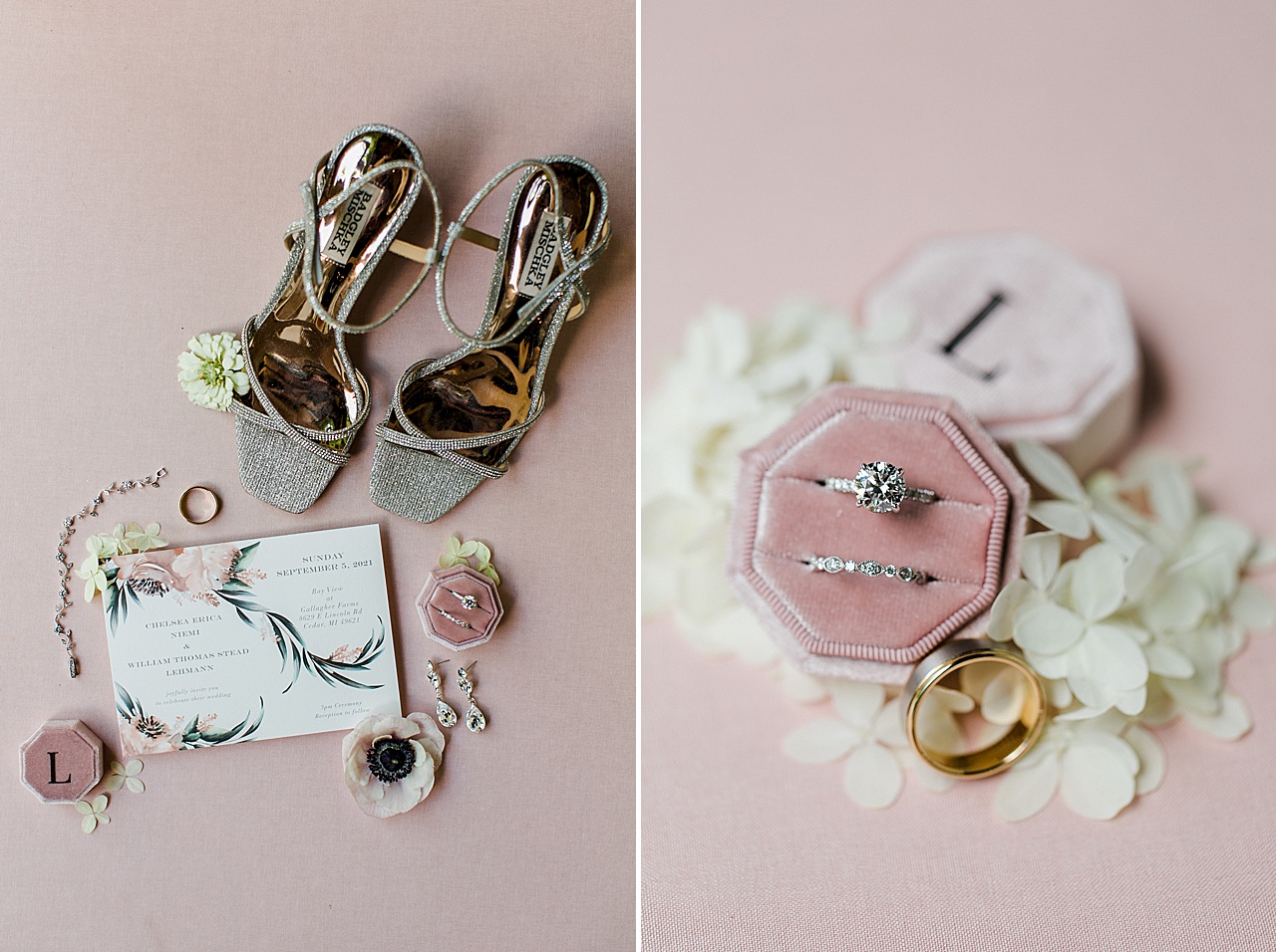 Bridal details including rings, shoes, earrings, and an invitation with pink accents