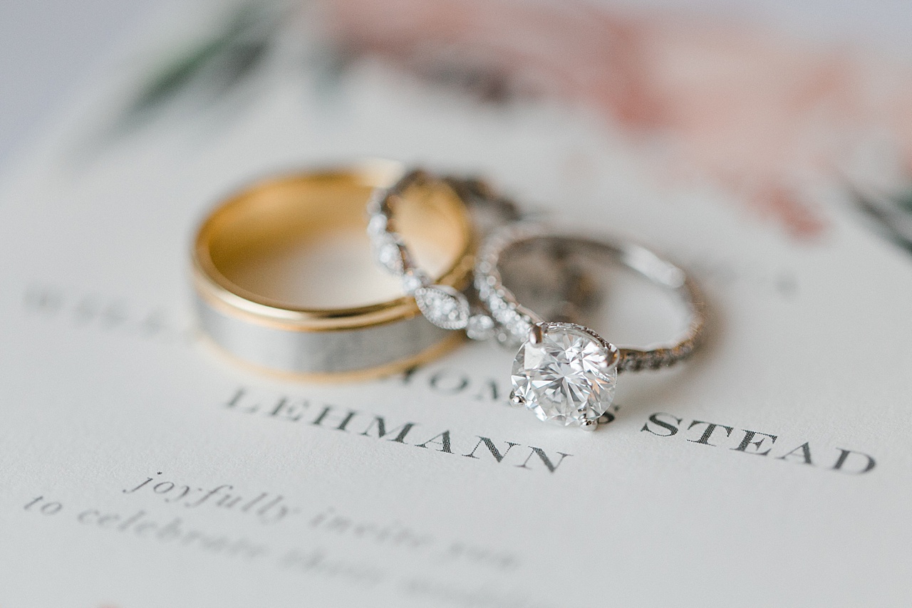 A bride and grooms wedding rings on their invitation