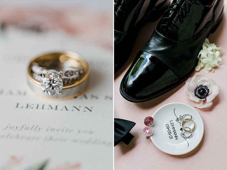 Grooms details with his shoes, tie, rings, and cufflinks