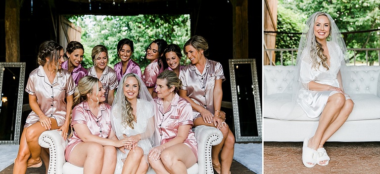 A bride and her bridesmaids sitting together in a barn at Gallagher Farms on the Leelanau Peninsula