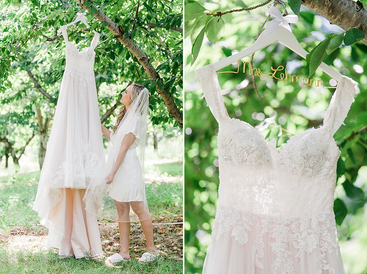 A bride looking at her hangin wedding dress in Northern Michigan