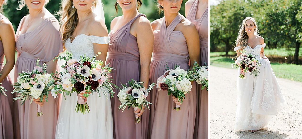 Bride and bridesmaids flower bouquets on a sunny day at Bay View Weddings at Gallagher Farms