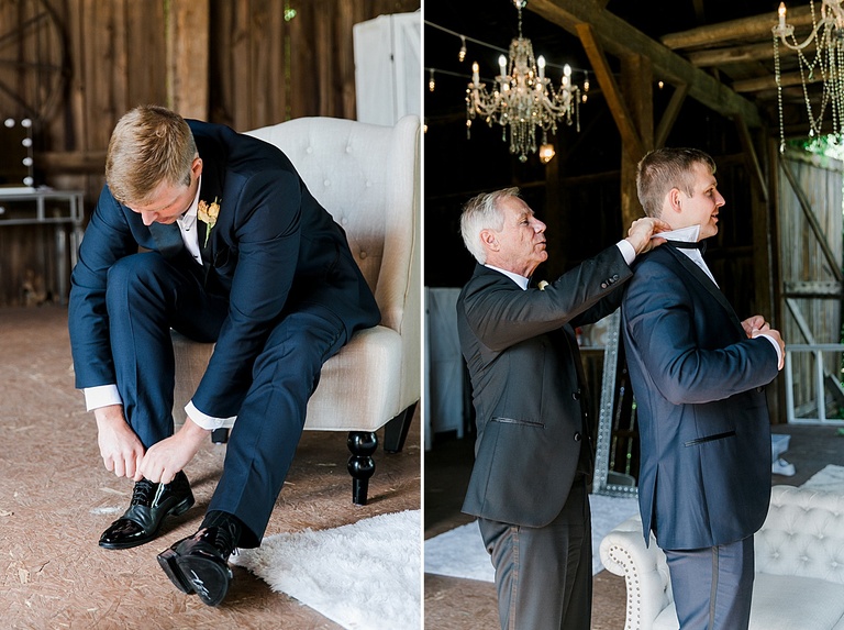 A groom getting ready for the day with his father and groomsmen