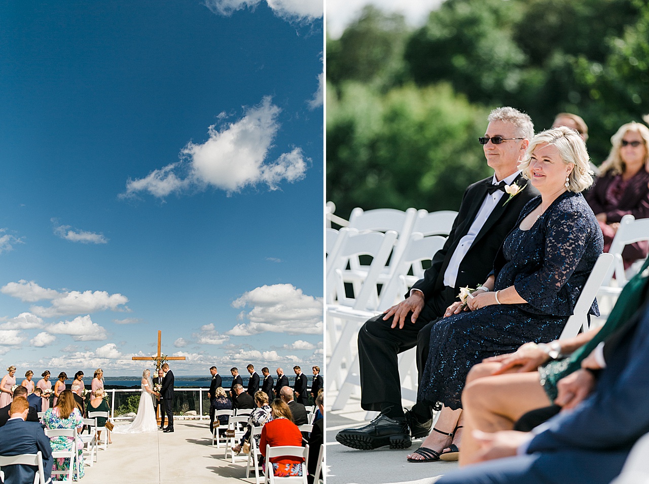Parents smiling at a wedding ceremony as the bride and groom say their vows