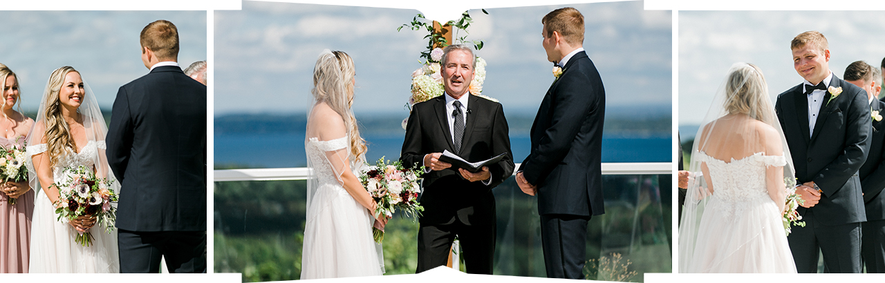 A bride and groom saying their vows at their ceremony on a sunny day in Michigan