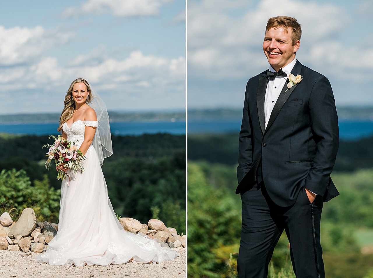 A bride and groom on a blues overlooking a lake on a sunny day