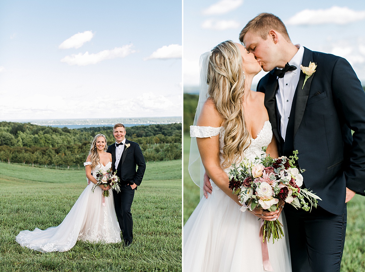 A bride and groom kissing and smiling on a sunny, cloudy day