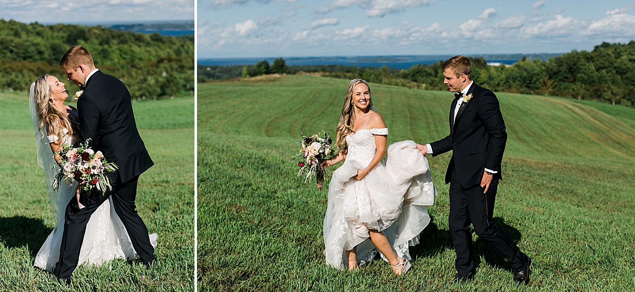 A bride and groom having fun together and laughing on their wedding day