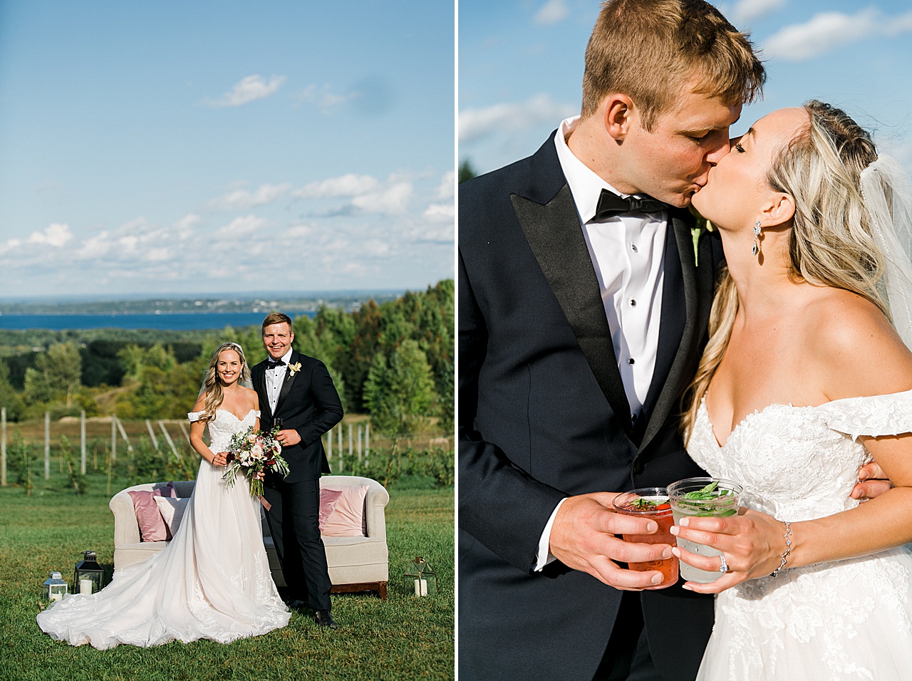 A bride and groom standing by a couch from the reception on a bluff overlooking Lake Michigan