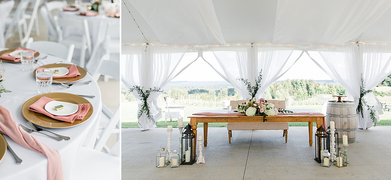 Gold chargers with pink napkins and lanterns at a tented wedding reception