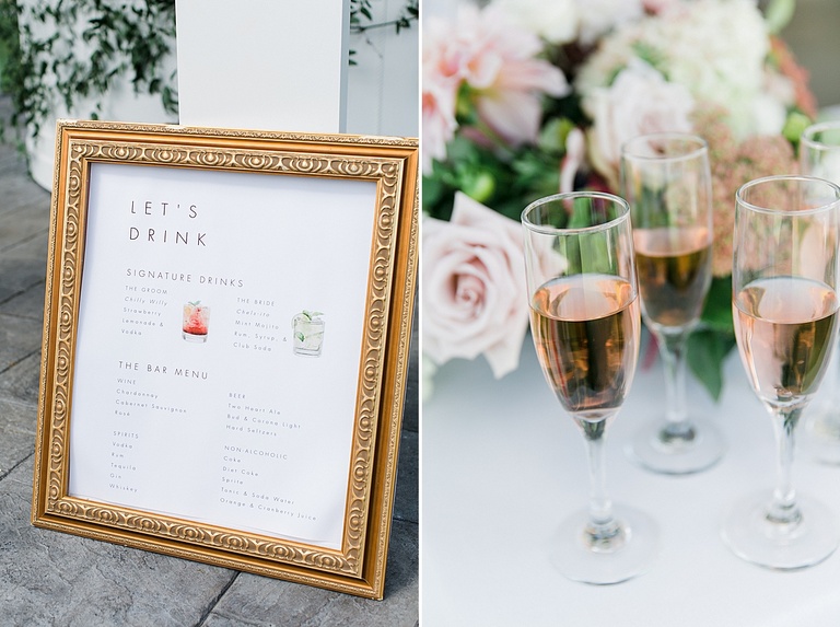 A drink menu at a reception with rose in champagne glasses