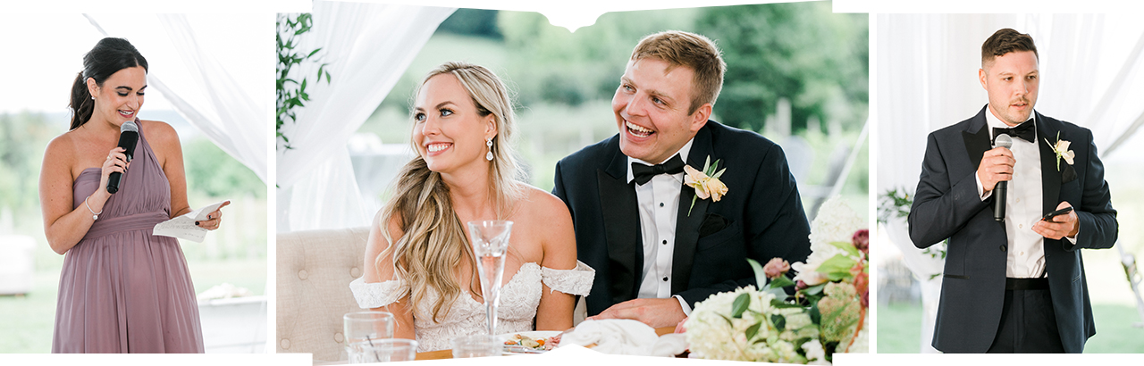A bridesmaid and groomsmen giving toasts at a wedding reception under a tent