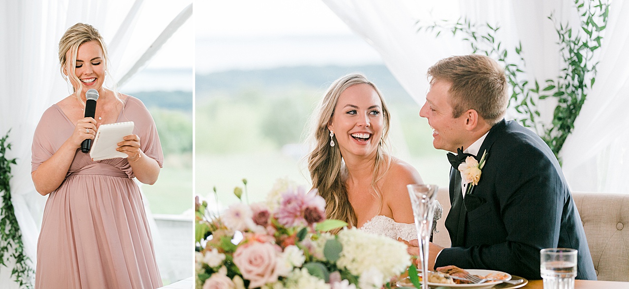 The maid of honor speech at the wedding reception making the bride and groom laugh