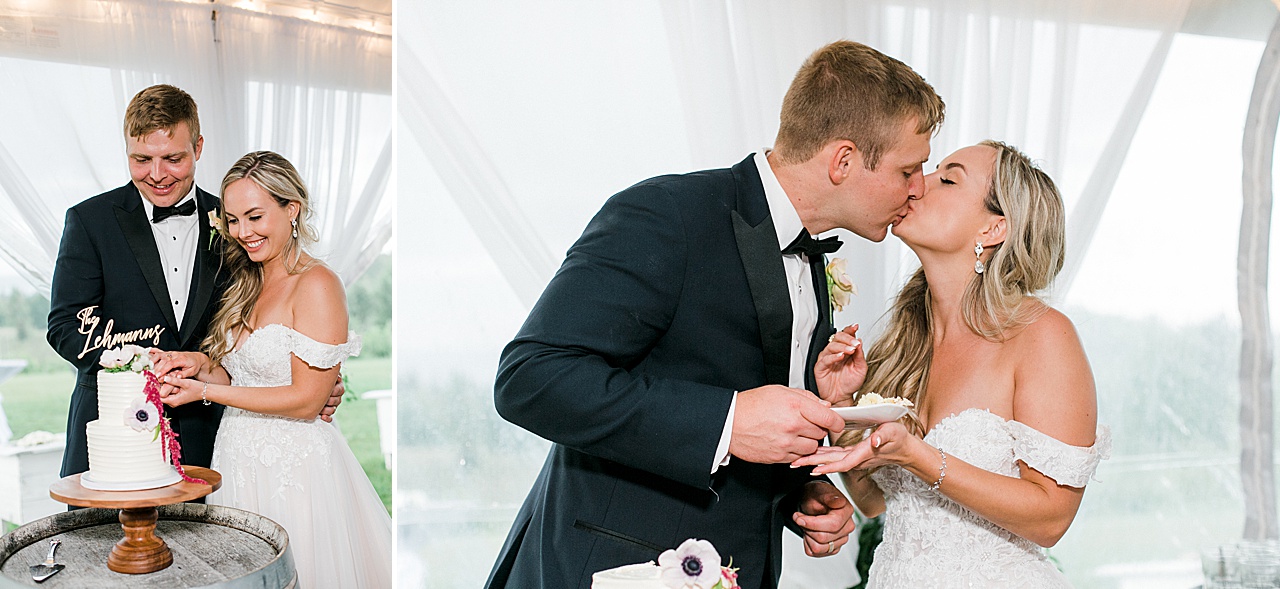 A bride and groom cutting their cake at their wedding reception
