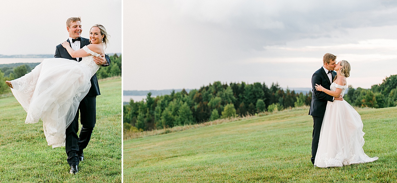 A bride and groom taking portraits at sunset on the Leelanau Peninsula
