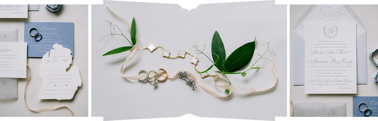 Three photographs of an invitation suite and bridal details in blue and white