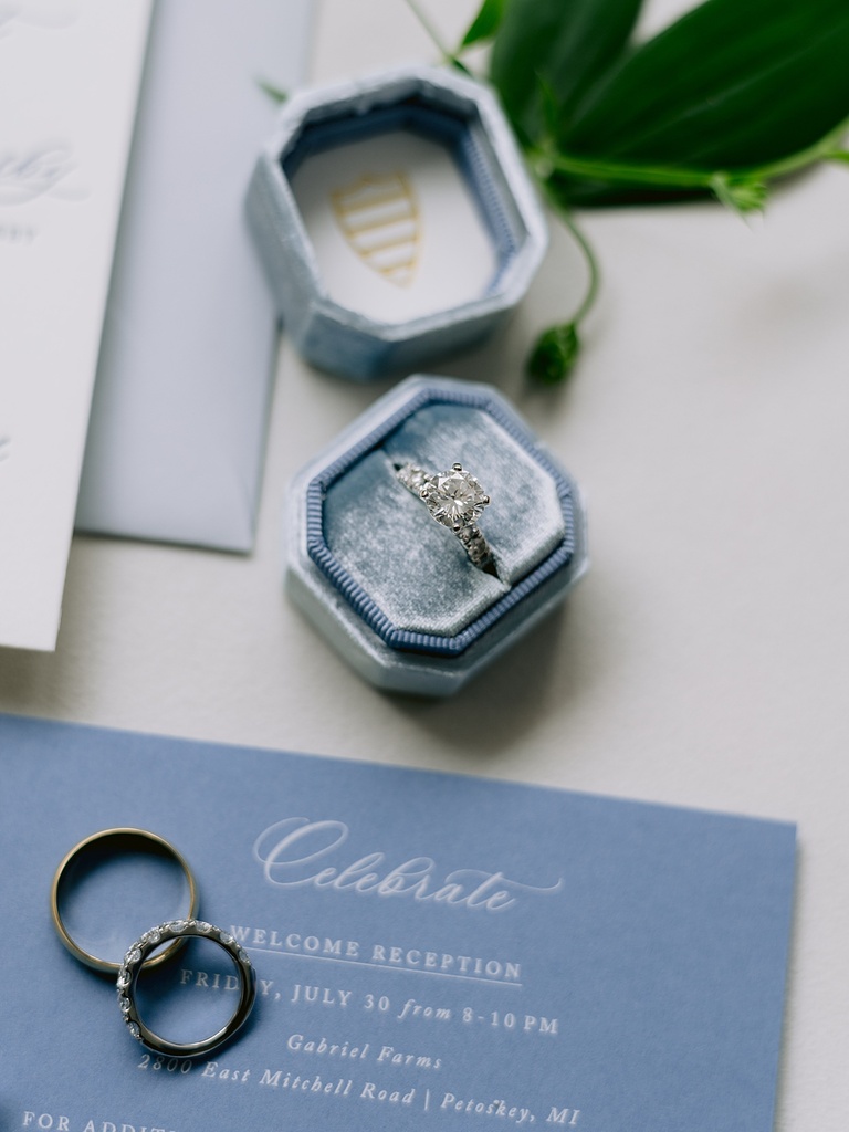 Photo of a diamond ring in a blue velvet box with blue and white invitation underneath