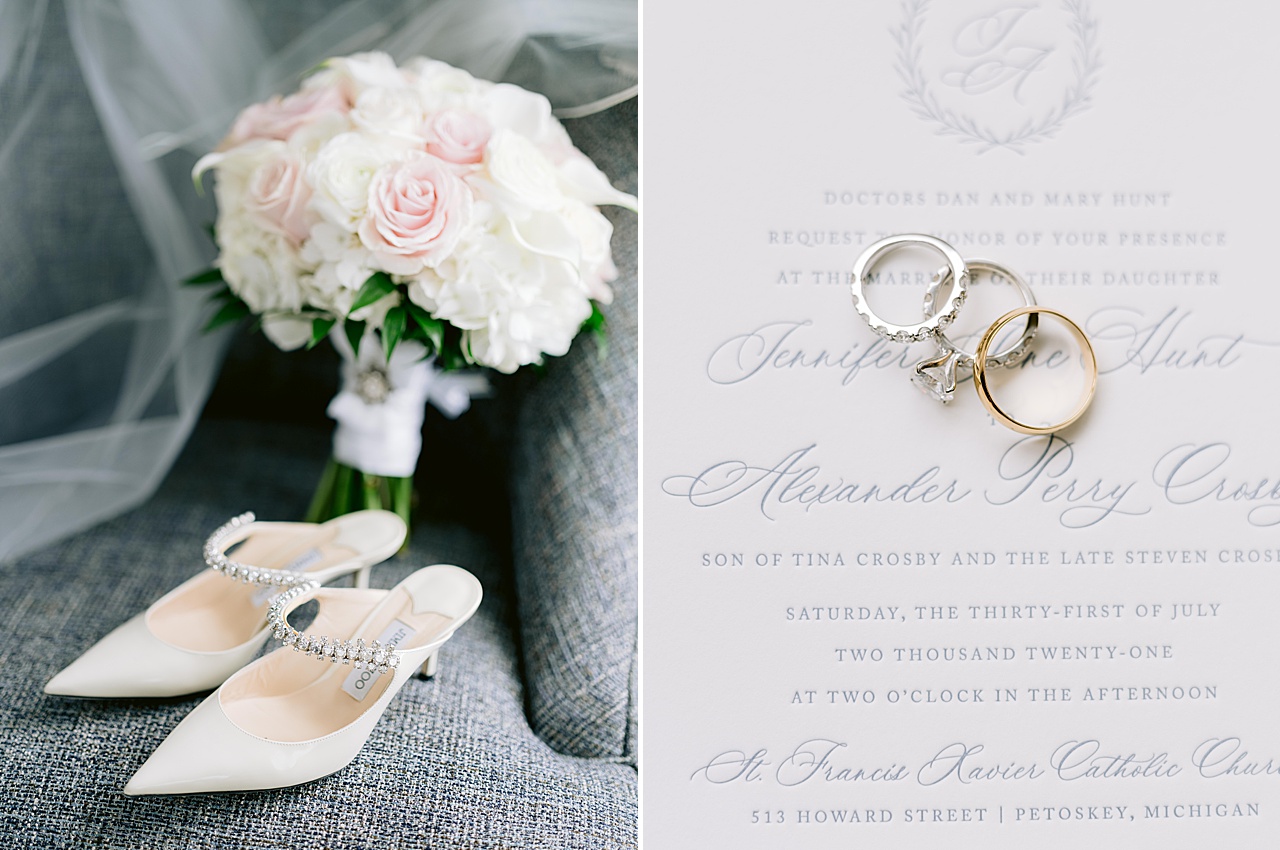 A picture of bouquet and heels on a chair with a veil in the background and rings on a wedding invitation