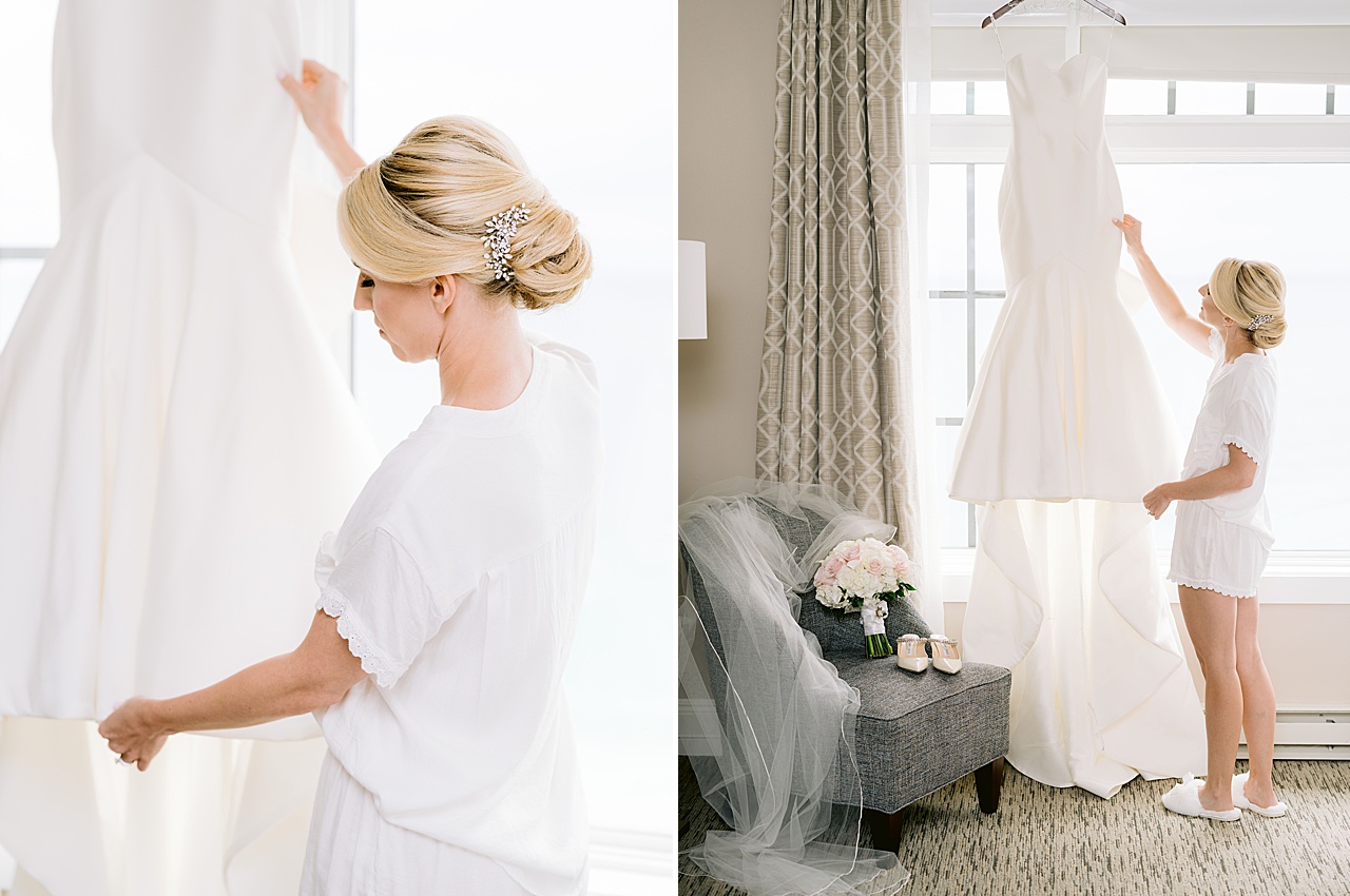A photo by a Michigan photographer of a bride with her hair done looking at her dress before she gets into it