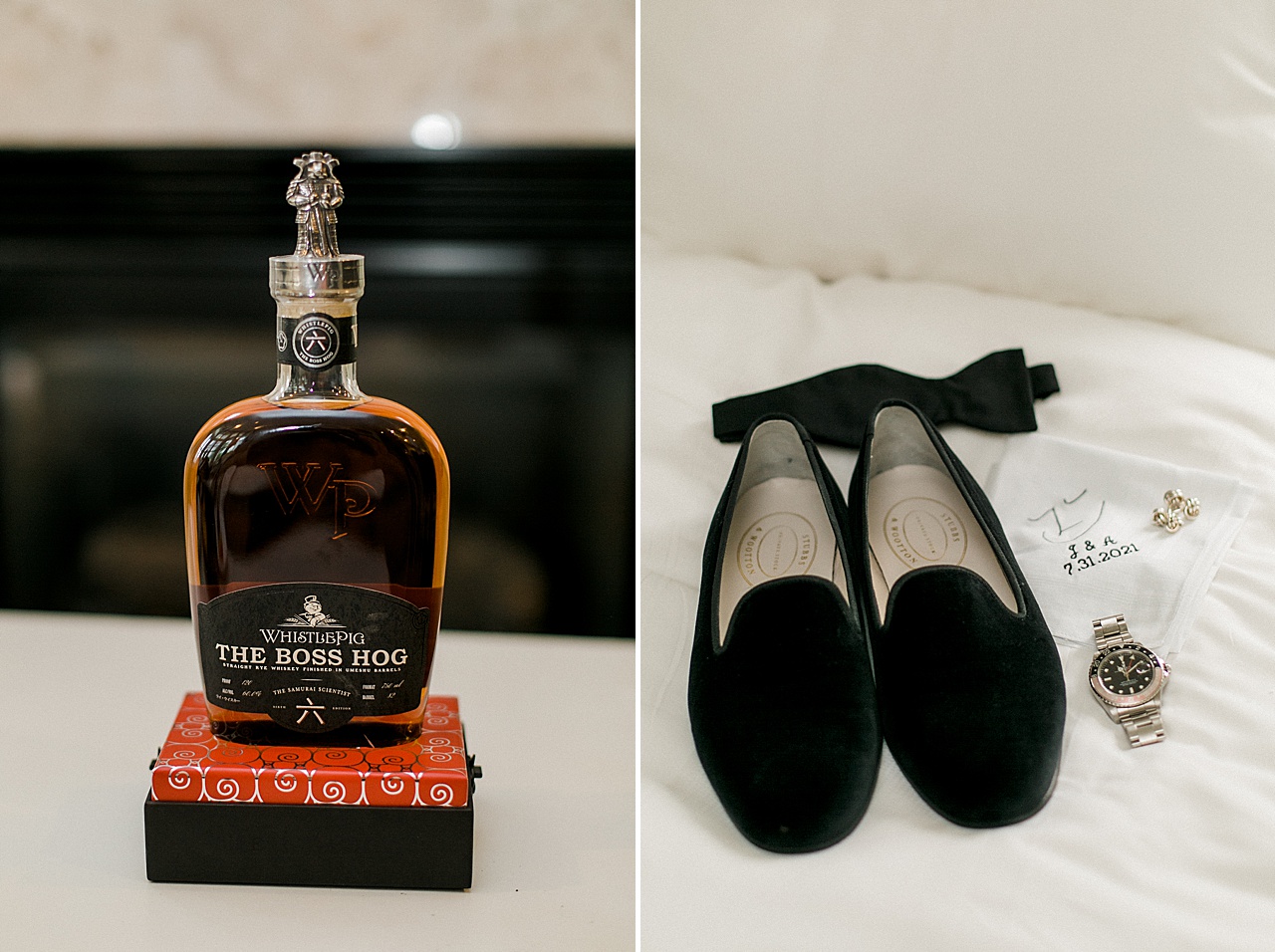 A photo of a bottle of whiskey and the groom’s details on linen bedsheets
