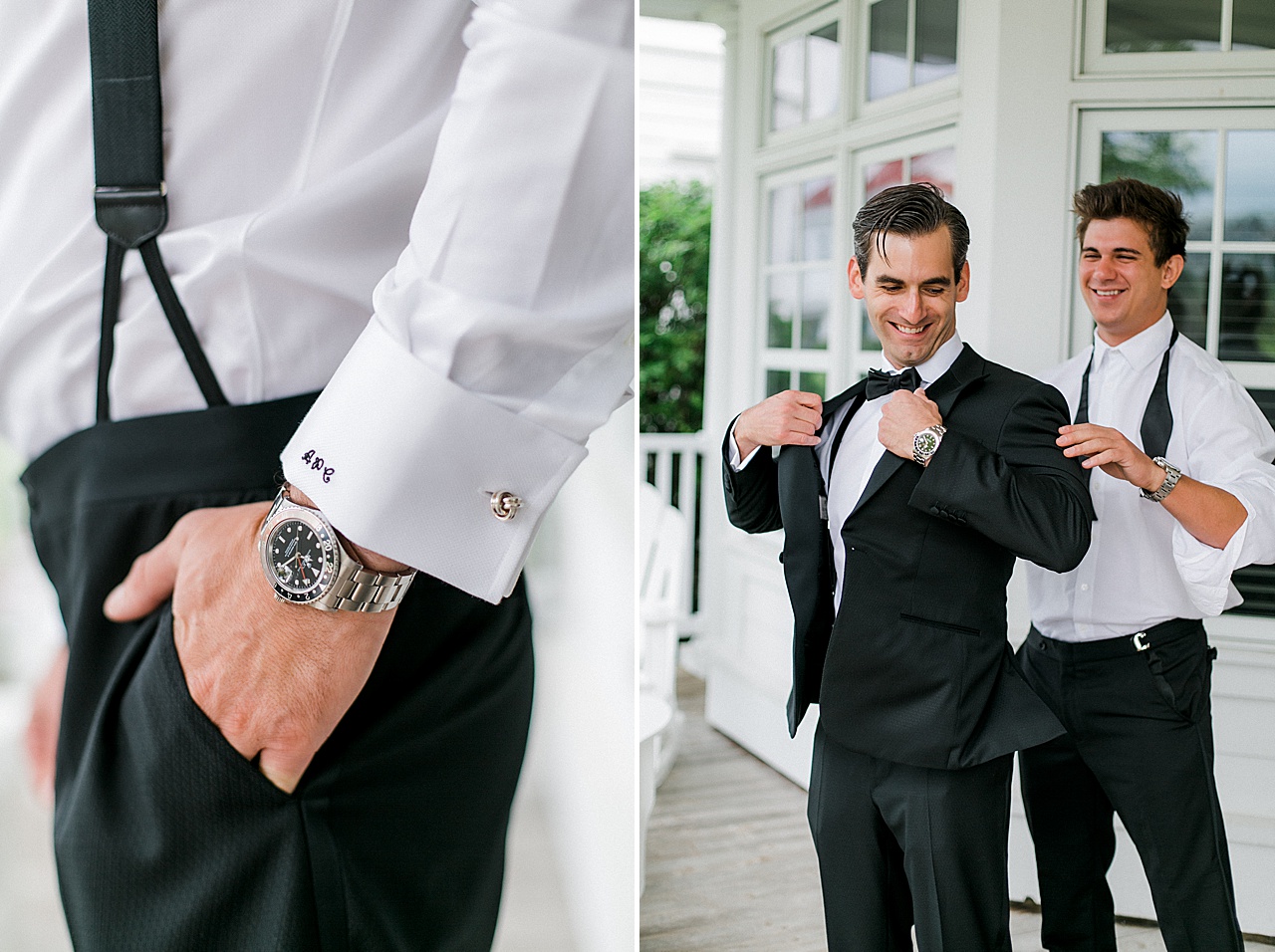 A detail shot of a groom’s watch and cuff link and a groomsmen helping him put on his jacket